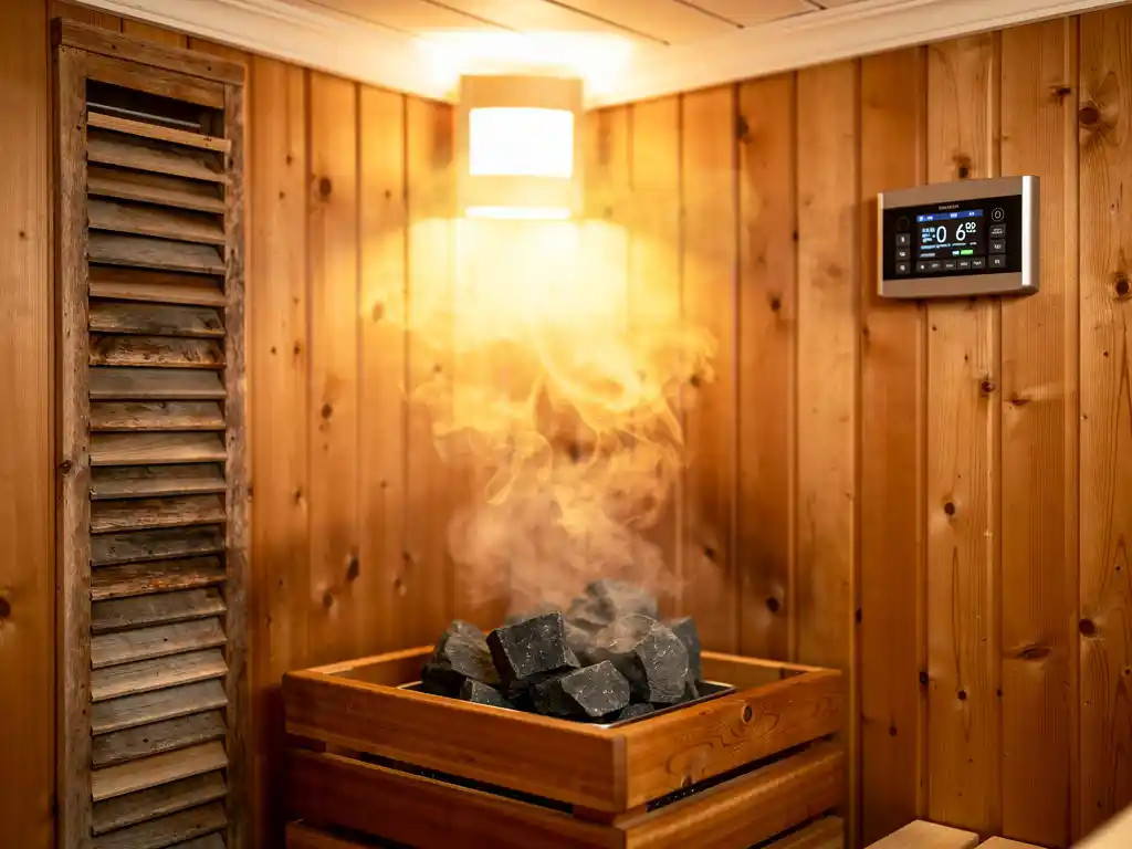 Cedar sauna interior with modern climate control unit beside traditional wooden ventilation slats, steam rising from heated stones.