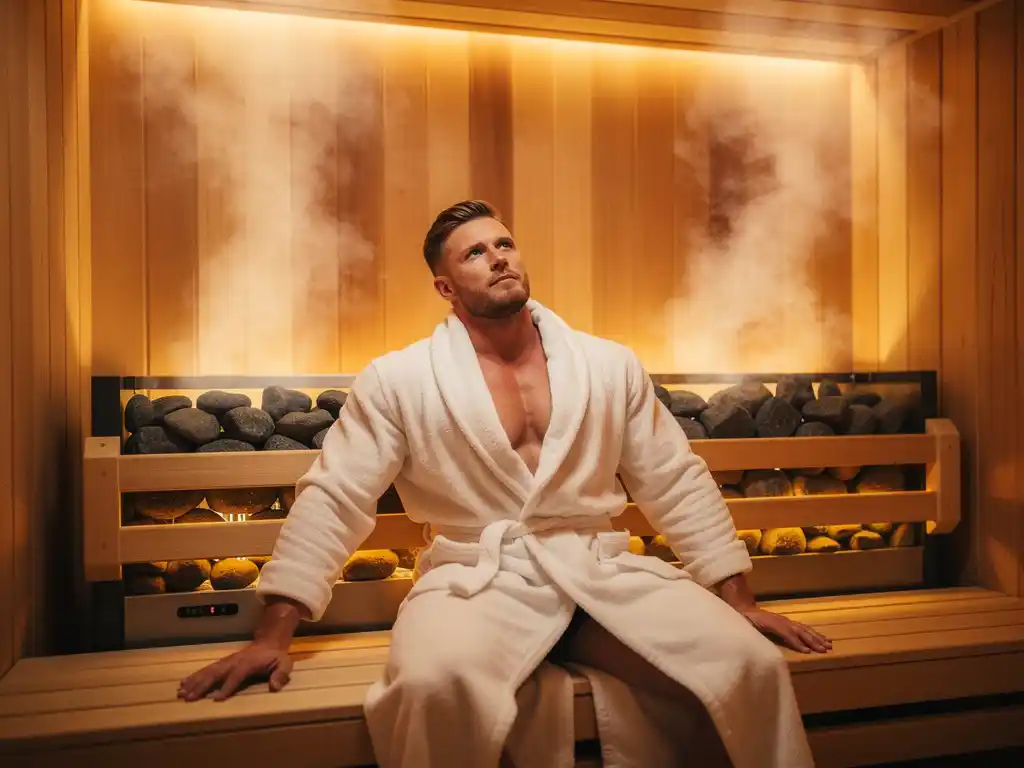 Athlete resting on cedar sauna bench beside glowing electric heater with smooth stones, steam rising in warm amber Nordic sauna interior.