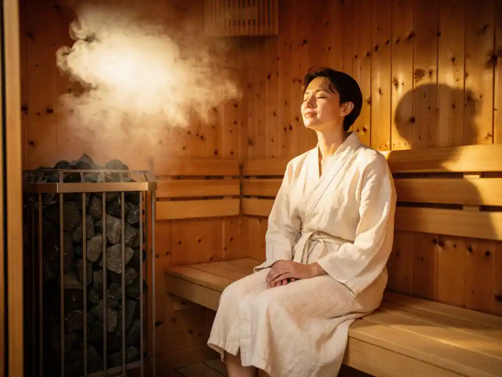 Person in cream linen robe relaxing in a cedar-walled Nordic sauna with steam rising from an electric heater filled with dark stones.