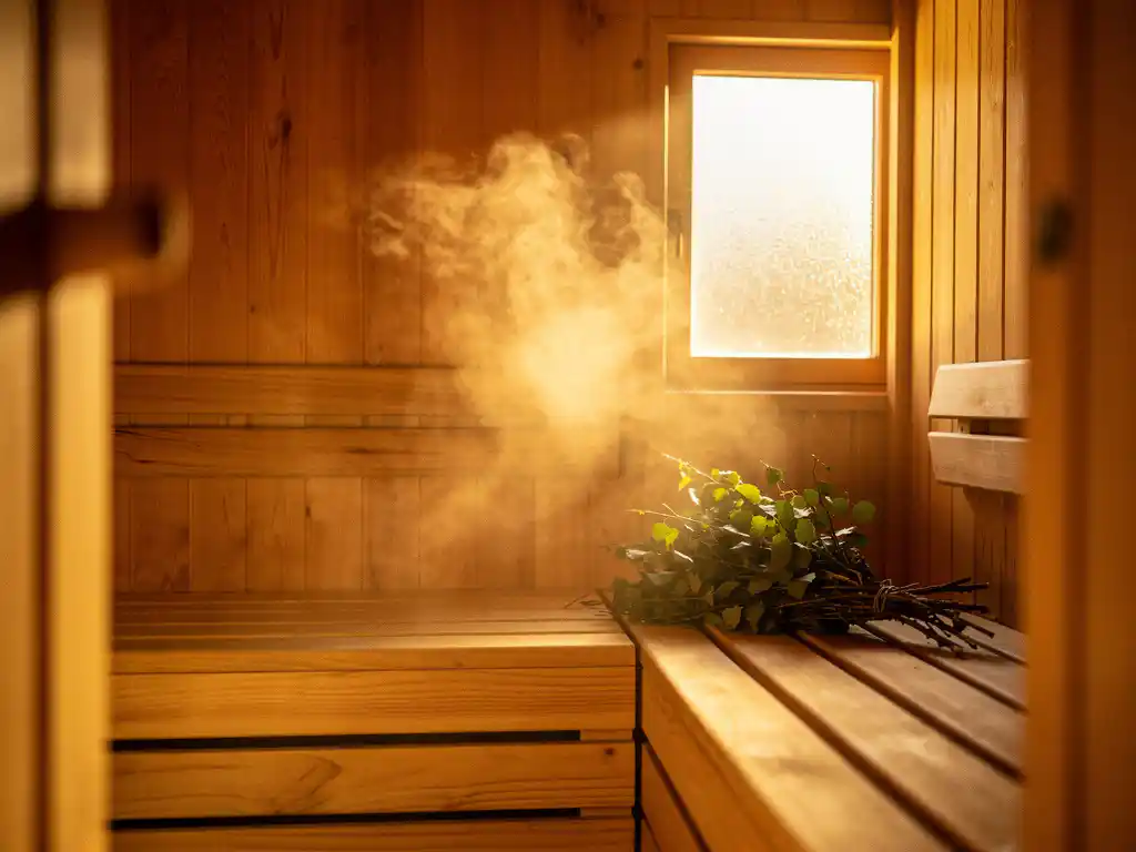 Golden cedar wood sauna interior with steam rising softly, birch branches on bench, warm amber light through frosted window.