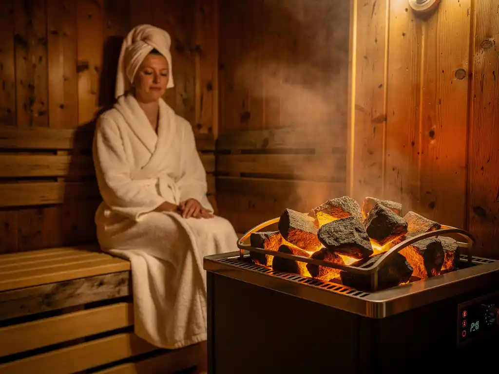 Person in terrycloth robe relaxing in a Nordic wood-paneled sauna with a glowing electric heater and steam rising over polished stones.