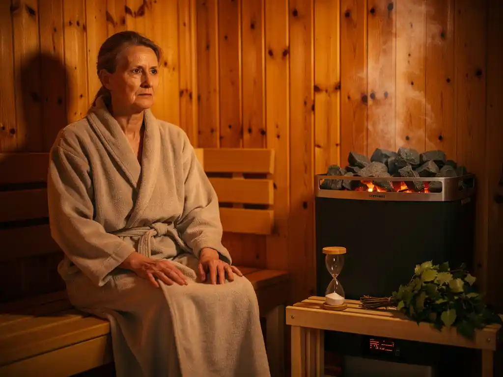 Robed person relaxing on a cedar sauna bench beside a glowing electric heater with stones, birch branches, and an hourglass in warm amber light.