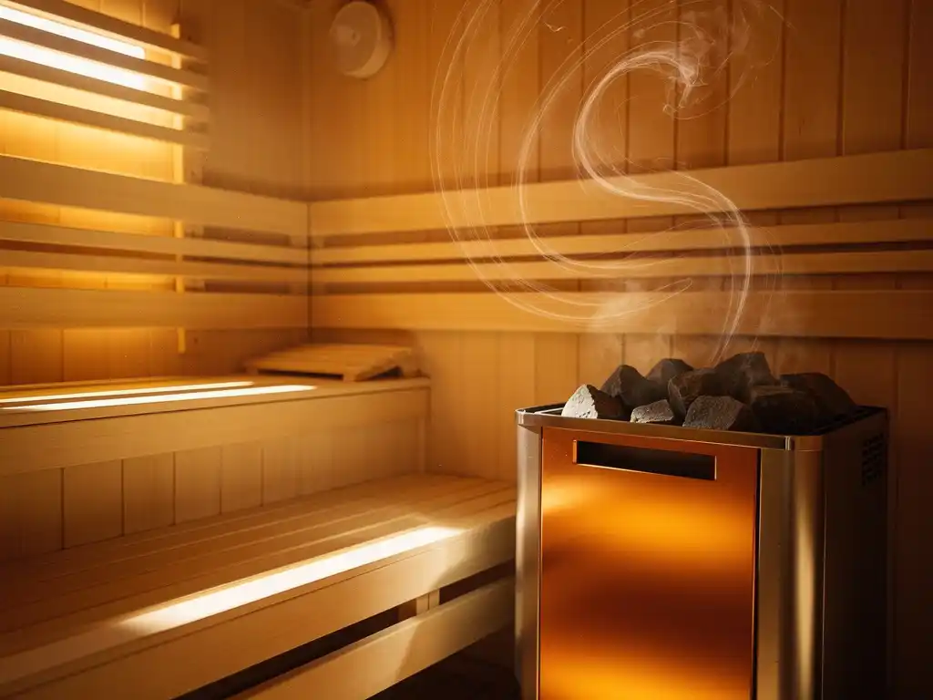 Nordic sauna interior with spruce wood benches, glowing electric heater, and soft steam rising toward the ceiling in warm golden light.