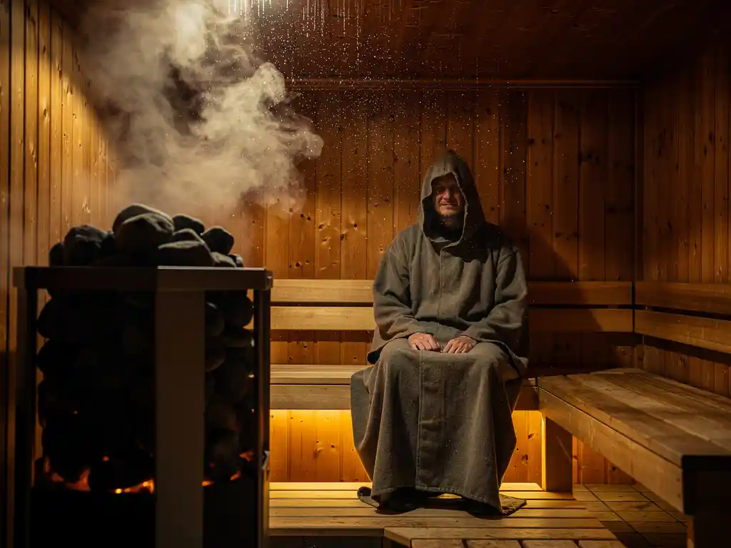 Robed person relaxing in a traditional Nordic sauna with steam rising from an electric heater stacked with dark stones, warm cedar interior.