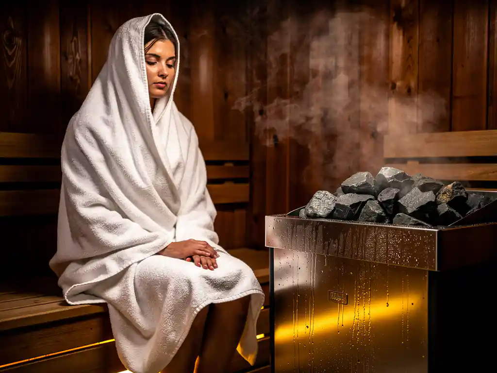 Person wrapped in white towel relaxing in a Nordic wood-paneled sauna, steam rising from an electric heater with dark stones in warm amber light.
