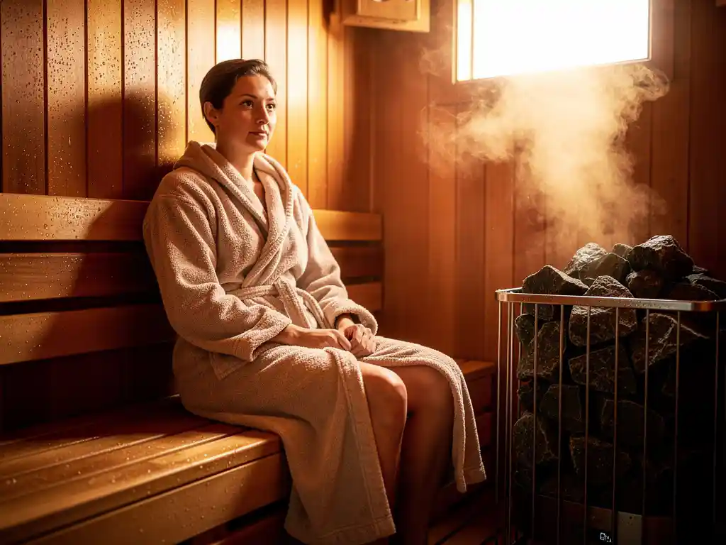 Person in terrycloth robe relaxing inside a traditional Nordic sauna with steam rising from a stone heater and glistening cedar wood walls.