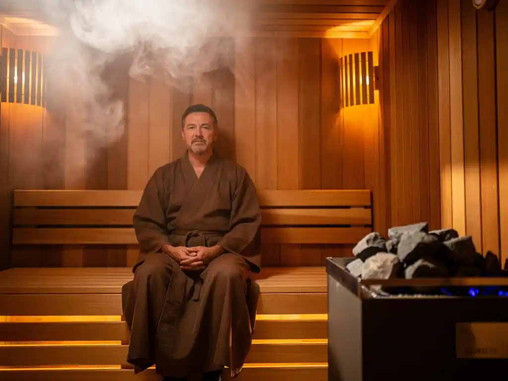 Person meditating in a Nordic cedar sauna with an electric heater, soft steam rising, warm amber light filtering through wooden slats.