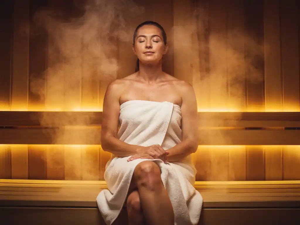 Person wrapped in white towel relaxing on cedar sauna bench, eyes closed, golden steam drifting through warm amber wooden interior.