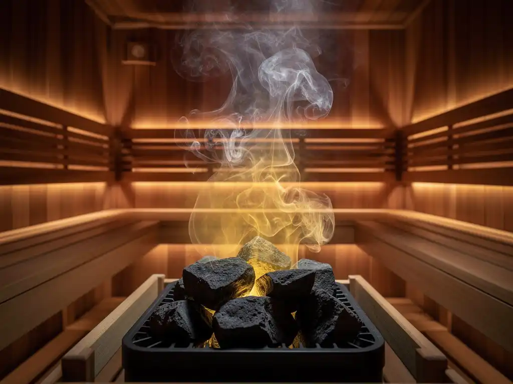 Cedar-paneled sauna interior with golden steam rising from volcanic stones, warm amber tones, and soft light filtering through wooden slats.