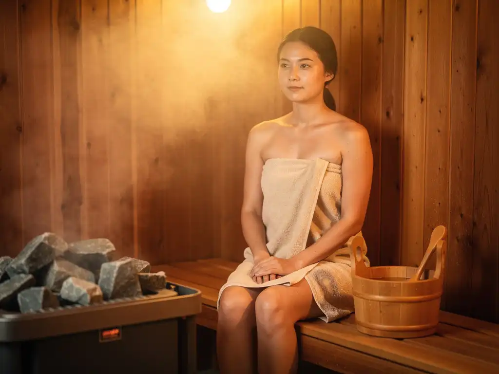 Person wrapped in linen towel relaxing in cedar sauna with rising steam, wooden bucket and ladle on bench, warm amber tones.