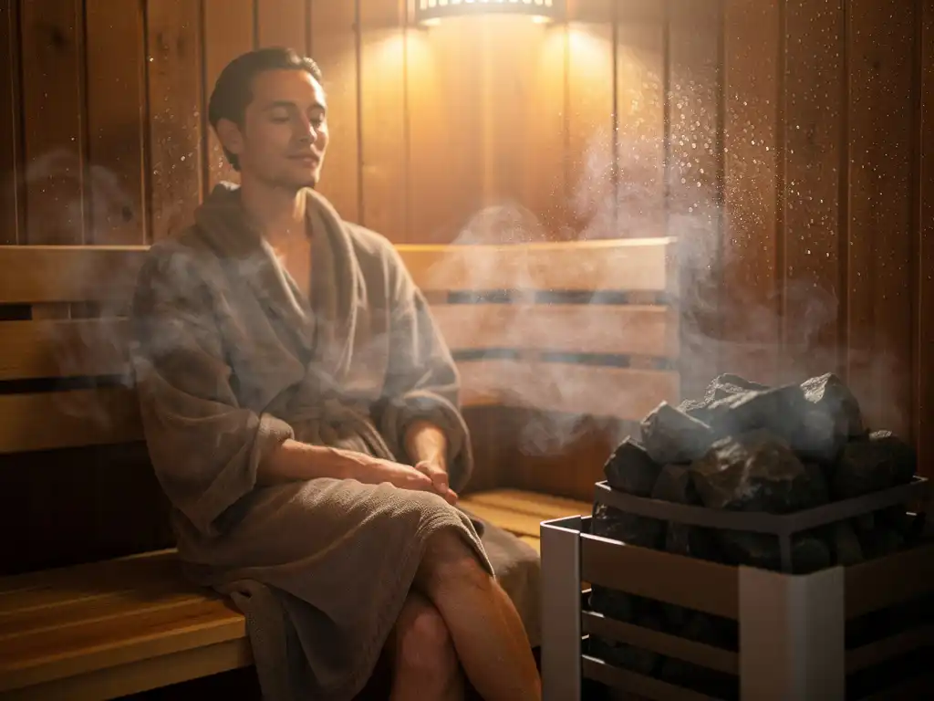 Robed person relaxing in a cedar sauna cabin with steam rising from an electric heater stacked with dark stones, warm amber lighting.
