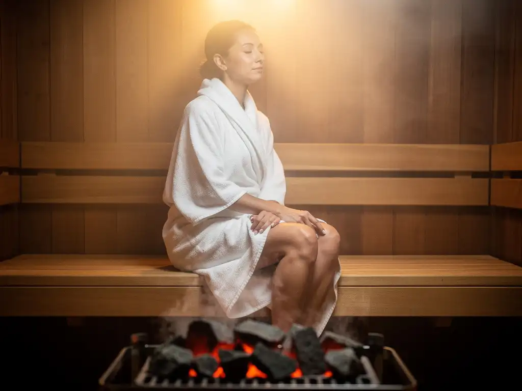 Person wrapped in white towel relaxing on cedar sauna bench, steam rising around glowing sauna stones in warm amber light.