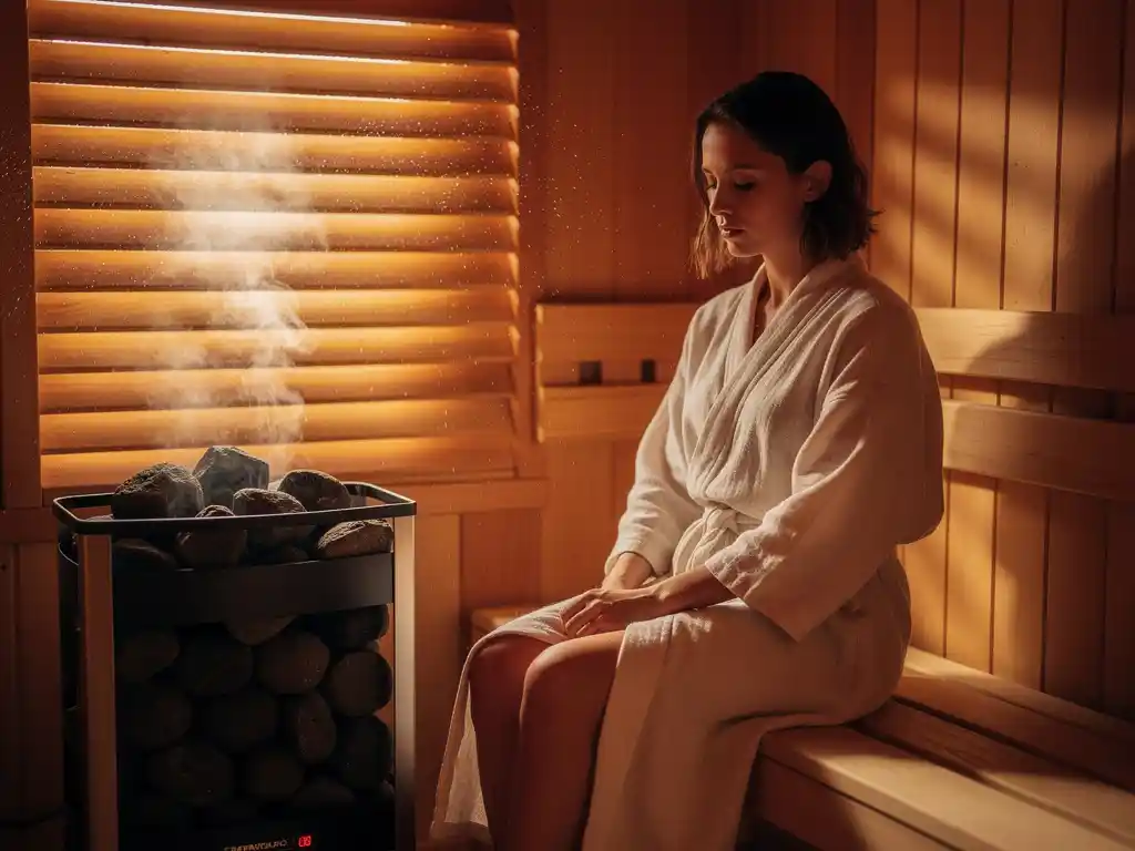 Person in linen robe relaxing in a cedar sauna with steam rising from an electric heater, warm amber light and birchwood tones creating a calm atmosphere.
