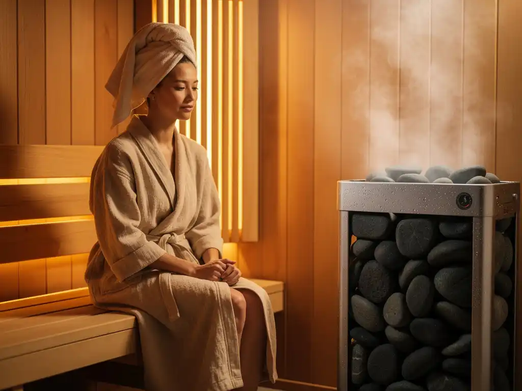 Person in linen robe relaxing inside a warm cedar sauna cabin, soft steam rising from an electric heater with smooth stones in golden amber light.
