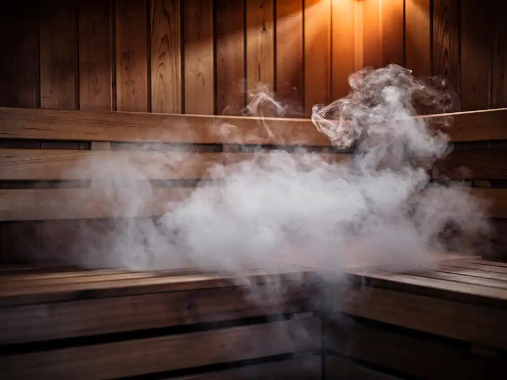 Cedar wood sauna interior with hazy steam rising toward upper benches, warm amber tones contrasting cool shadows in empty room.