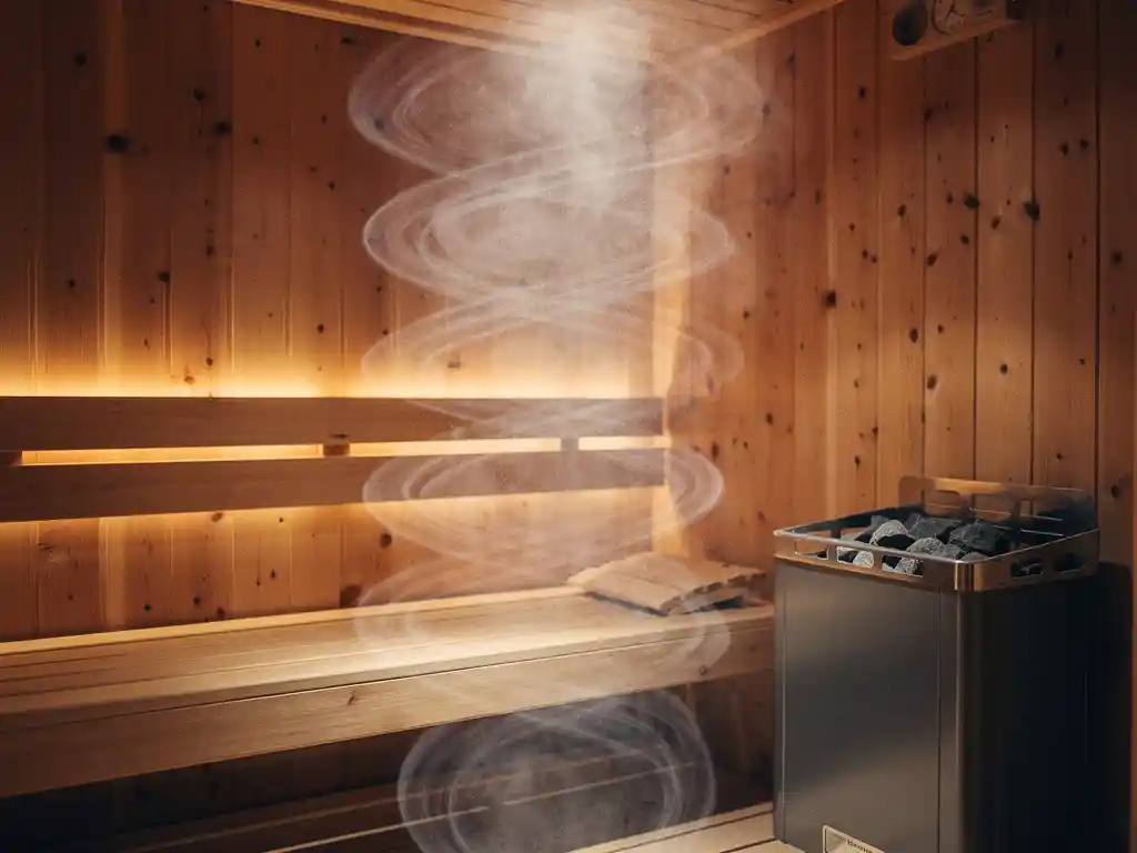 Cedar-paneled sauna interior with steam spiraling from electric heater, empty wooden benches glowing in warm amber light.
