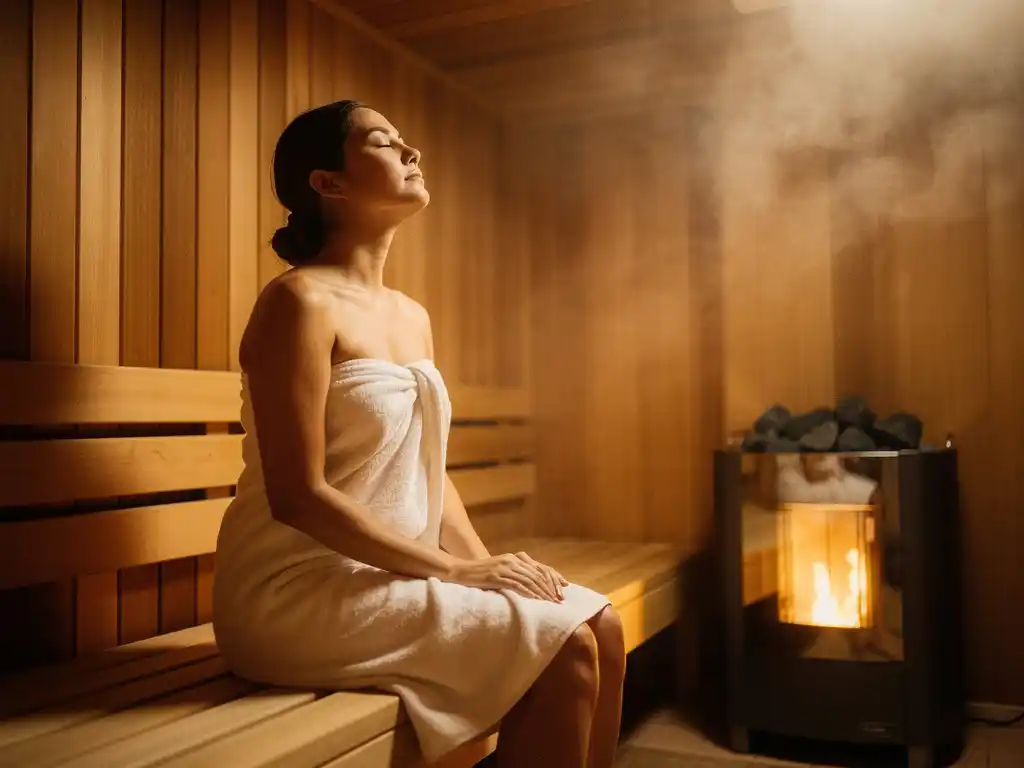 Person in white towel meditating on cedar sauna bench, steam rising around electric heater, warm amber light glowing through mist.