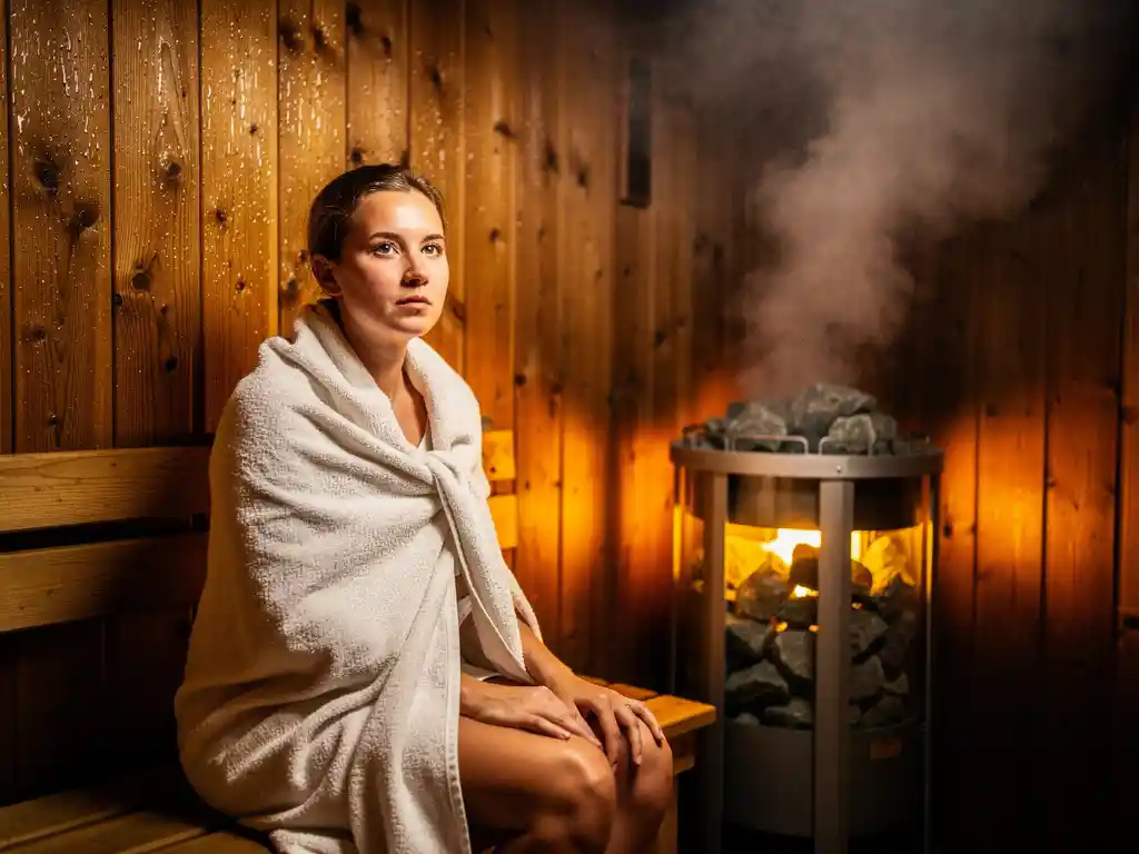 Person wrapped in linen towel sitting in a wooden sauna cabin, steam rising from traditional stone heater, golden amber light on spruce wood walls.
