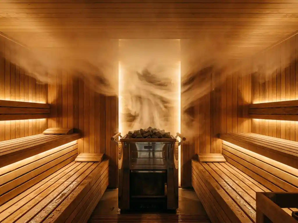 Cedar-lined sauna interior with premium electric heater, warm steam rising through amber-lit air, honey-toned wood benches with soft condensation.