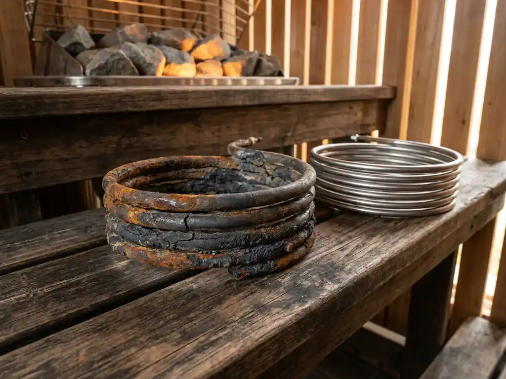 Cracked, rust-covered sauna heater element with mineral deposits on a weathered wooden bench beside a new replacement element.