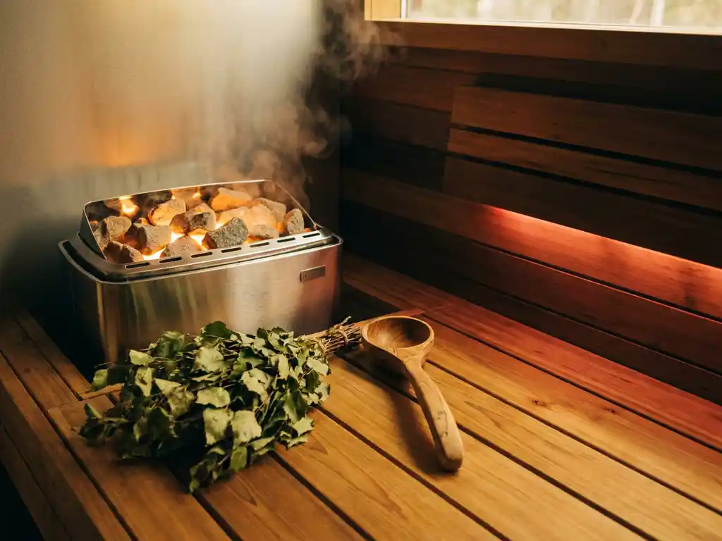 Electric sauna heater glowing with amber stones beside cedar bench, birch branches and wooden ladle resting nearby in warm intimate sauna.
