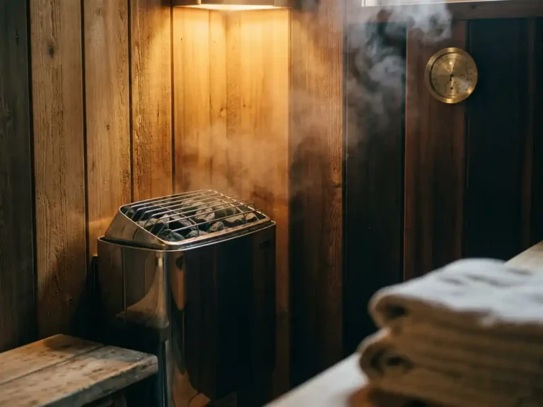 Electric sauna heater in a cedar-walled basement sauna with soft steam, warm amber lighting, and a wall-mounted hygrometer.