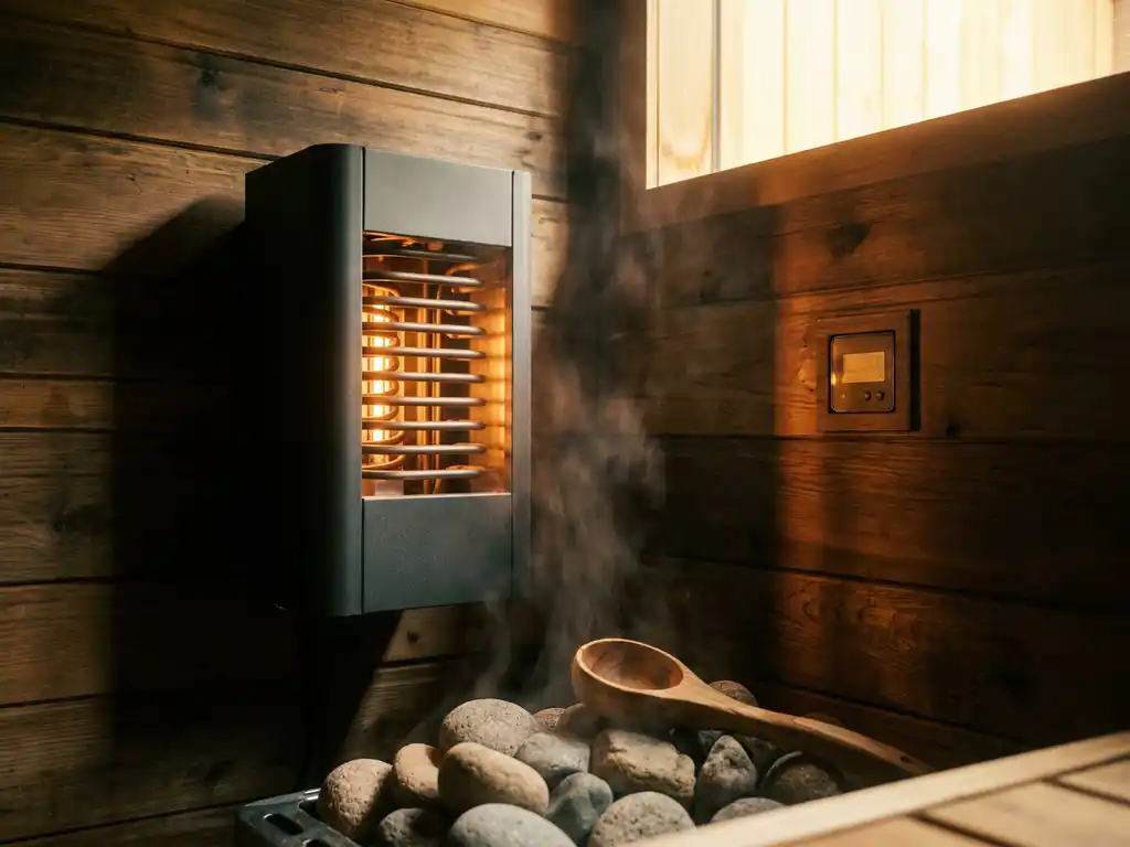 Electric sauna heater with glowing amber coils mounted on cedar wall, wooden ladle resting on smooth stones with soft steam rising.