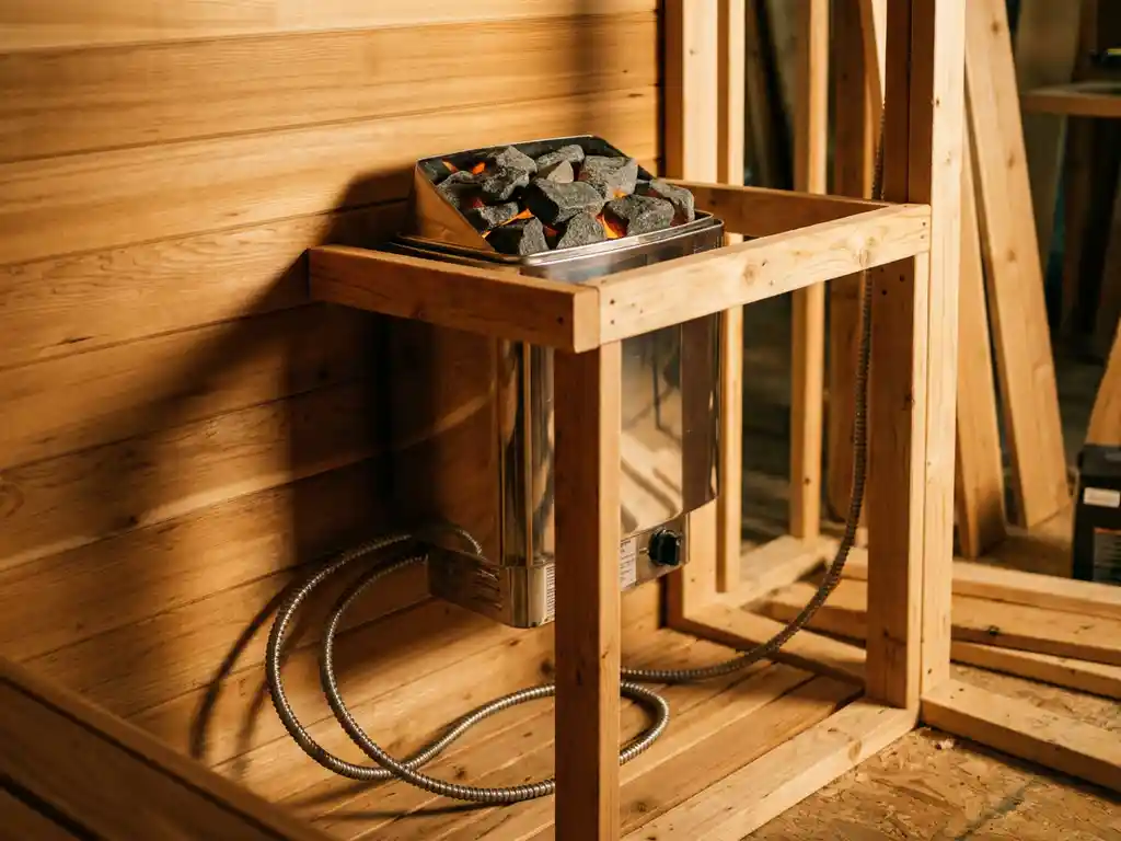 Stainless steel 240V electric sauna heater mounted on cedar wall with rough timber framing, coiled conduit, and glowing amber stones.