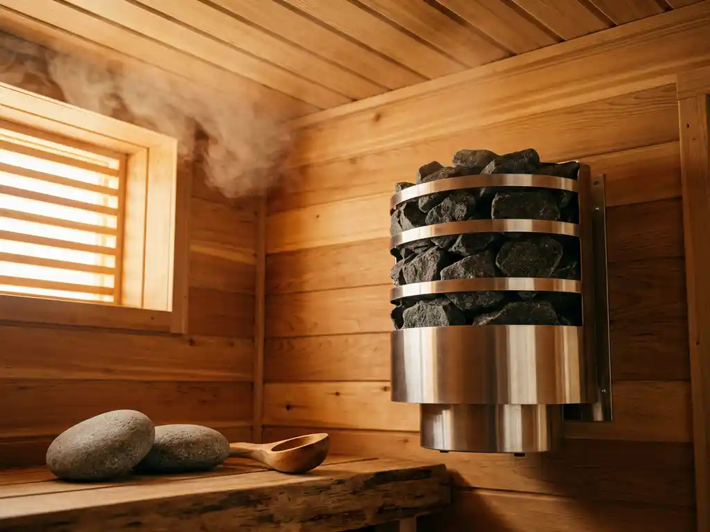 Electric sauna heater on cedar wall with river stones and wooden ladle, warm amber steam rising in golden backlit sauna.