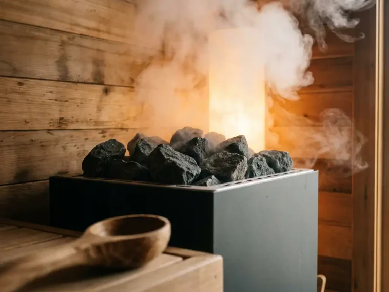 Electric sauna heater with dark volcanic stones releasing dense white steam, amber cedar wood walls glowing in warm background light.