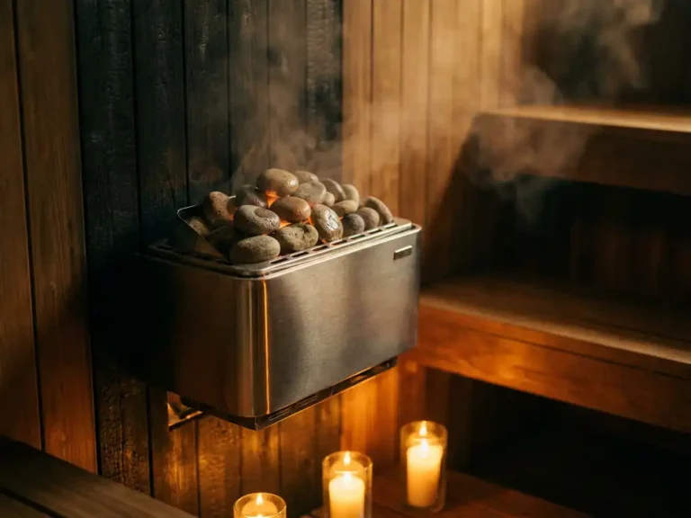 Stainless steel electric sauna heater mounted on dark timber wall with river stones stacked on top, soft steam rising in warm cedar interior.
