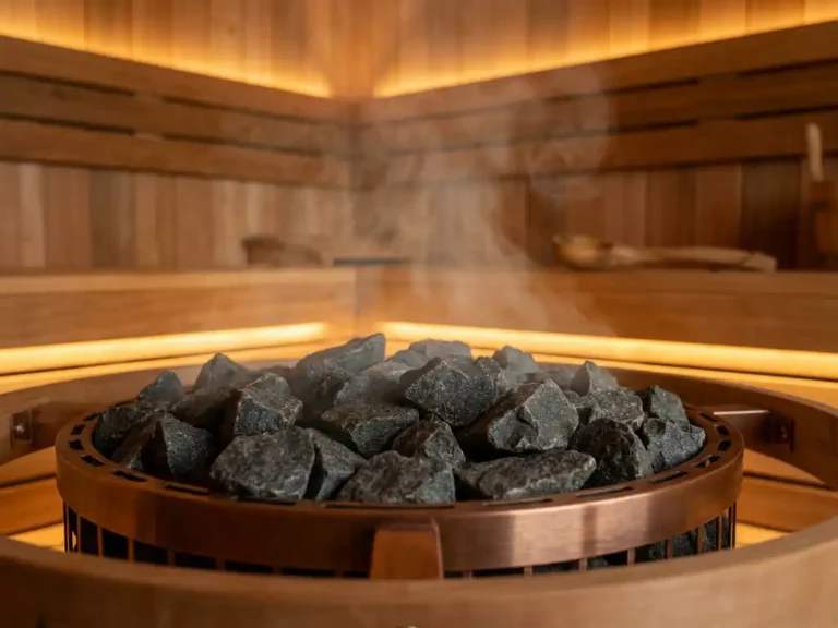 Electric sauna heater loaded with dark volcanic stones, steam rising in a cedar-lined sauna with warm amber lighting and copper accents.