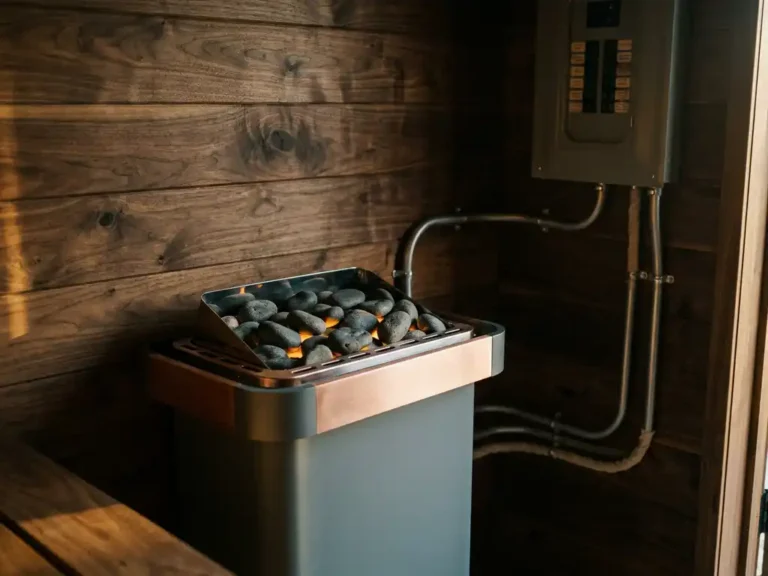 Premium electric sauna heater on wood-paneled wall with stone rocks glowing amber, heavy-gauge conduit running to a dedicated circuit breaker panel.