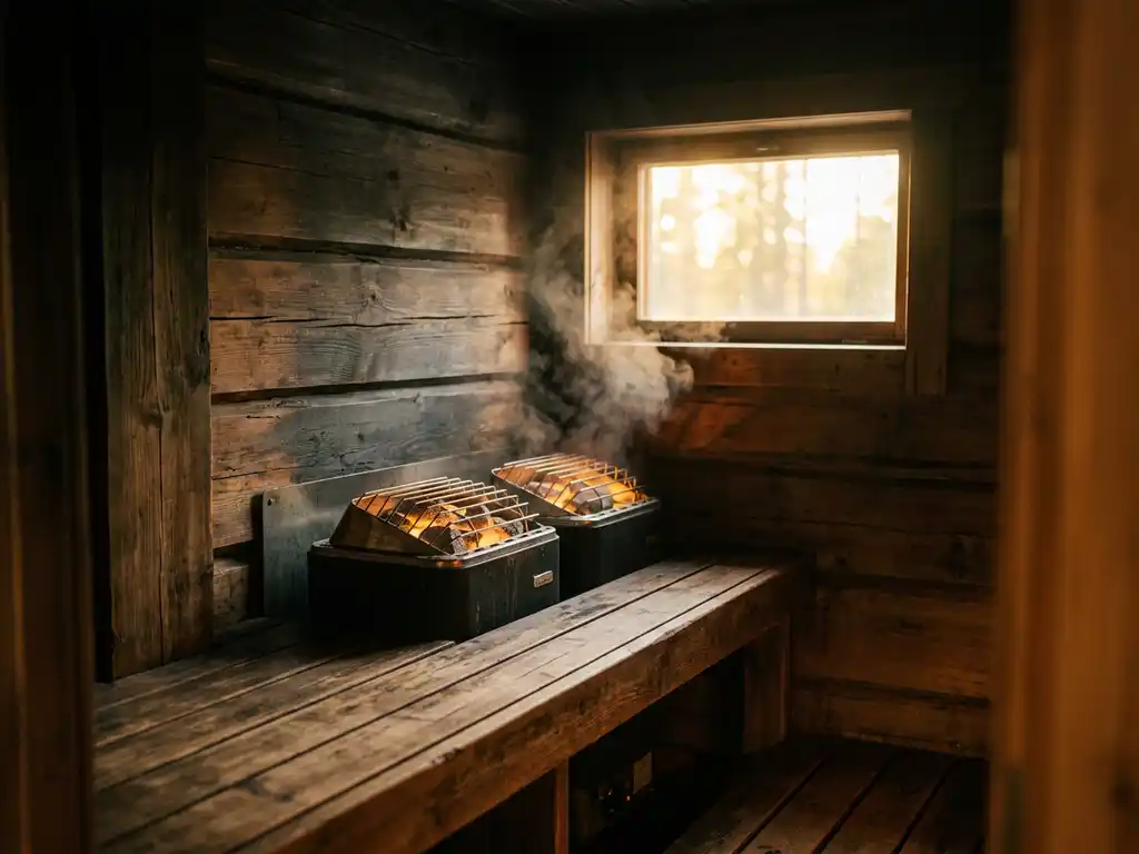 Two premium electric sauna heaters on a cedar bench, glowing heating stones emitting warm amber light with gentle steam rising in a Nordic sauna.