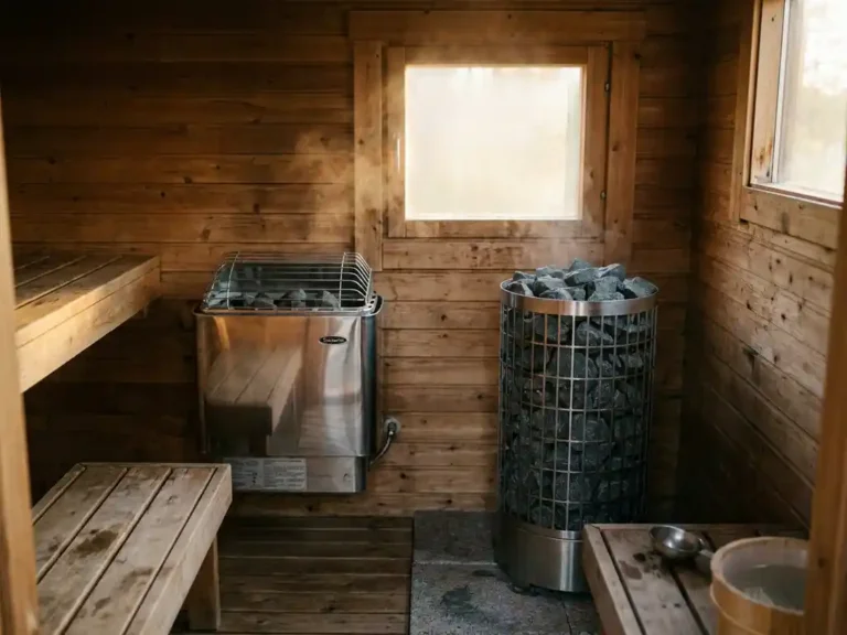 Wall-mounted and floor-standing electric sauna heaters side by side in a cedar-paneled Nordic sauna with steaming volcanic stones.