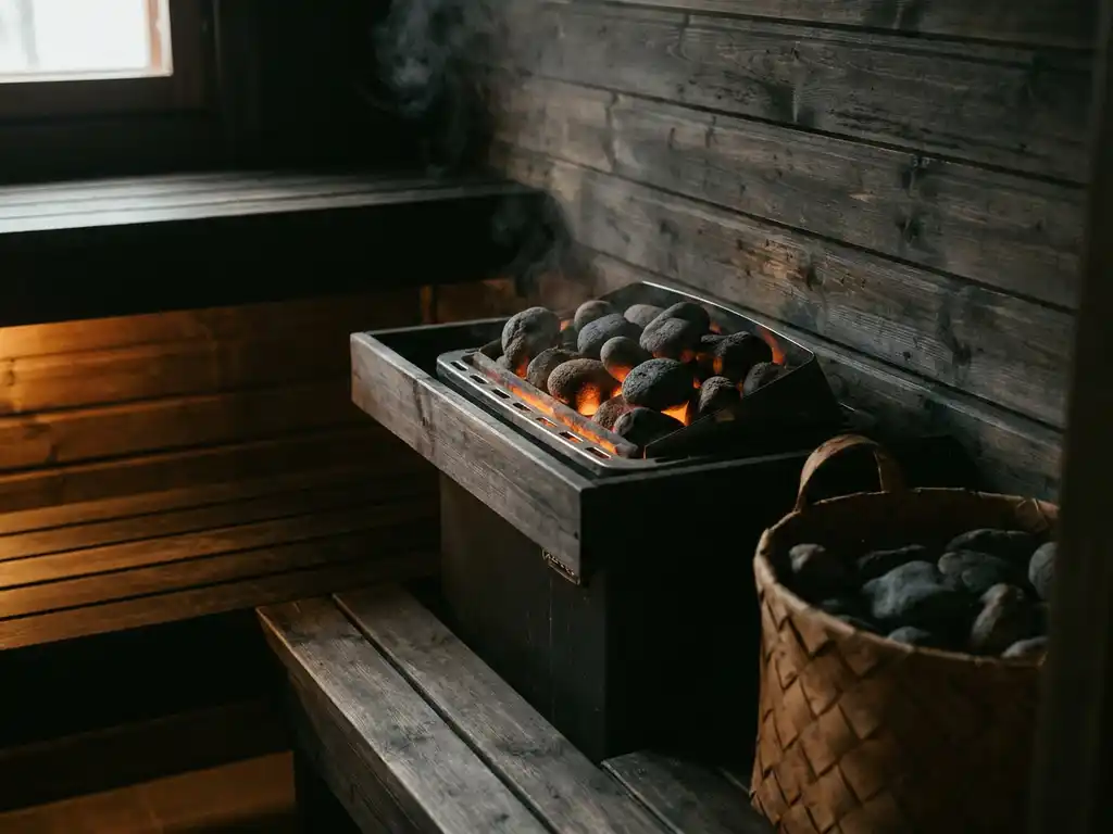 Finnish electric sauna heater glowing amber over dark stones, mounted on weathered spruce wall with steam rising in a dimly lit sauna cabin.