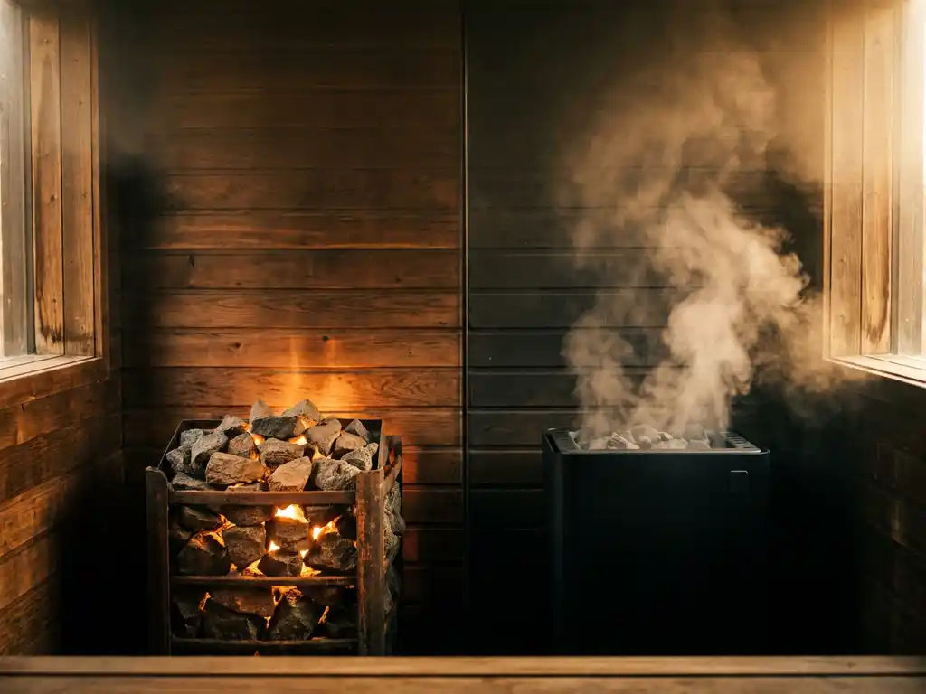 Finnish sauna interior with glowing volcanic rocks on an electric heater beside soft steam rising from a modern heater, warm cedar walls in amber tones.