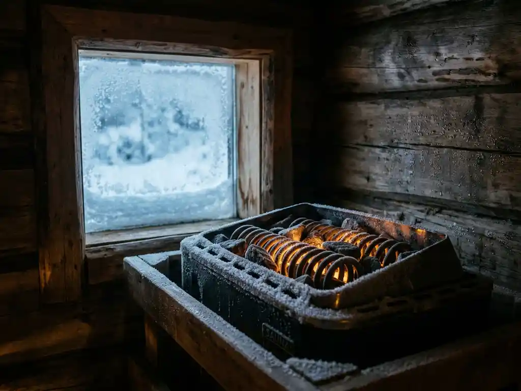 Electric sauna heater glowing amber between birch wood walls, snow visible through a frosted window in a winter sauna cabin.