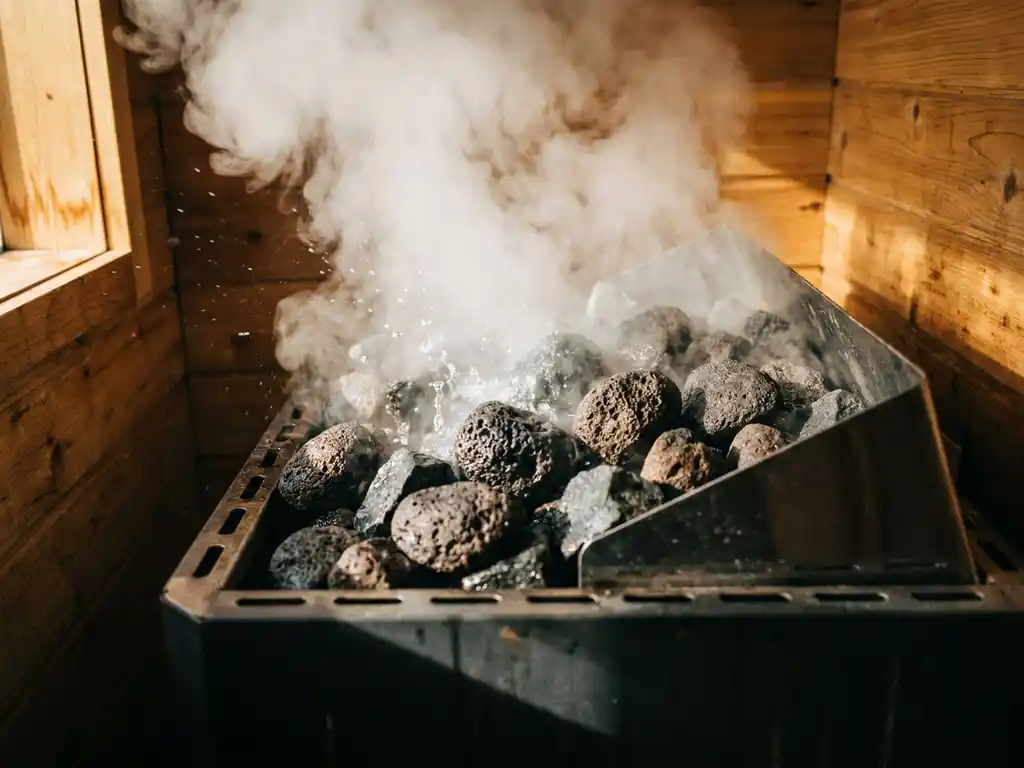 Volcanic stones on an electric sauna heater erupting in dense white steam, cedar wood walls glowing amber in dramatic low-angle lighting.