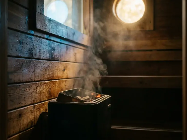 Cedar sauna interior with moisture droplets on dark timber walls, modern heater, and soft steam rising in golden diffused light.