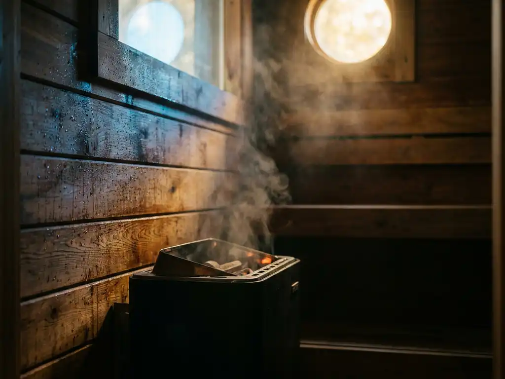 Cedar sauna interior with moisture droplets on dark timber walls, modern heater, and soft steam rising in golden diffused light.