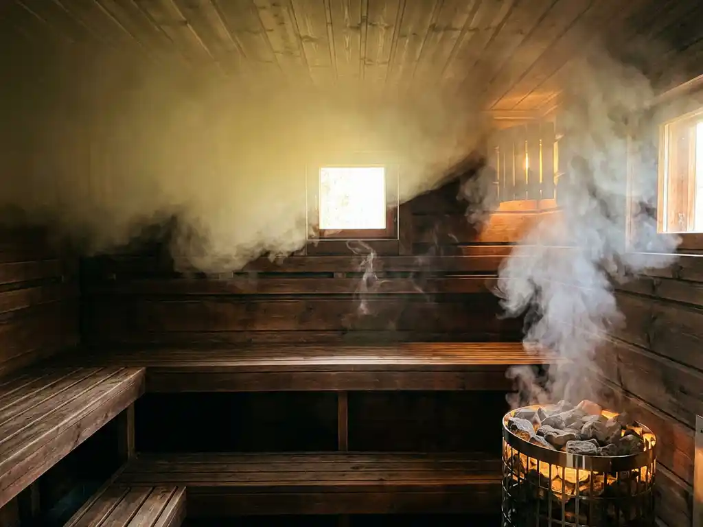 Electric sauna heater glowing amber in Nordic spruce interior, soft steam rising evenly through warm golden light.