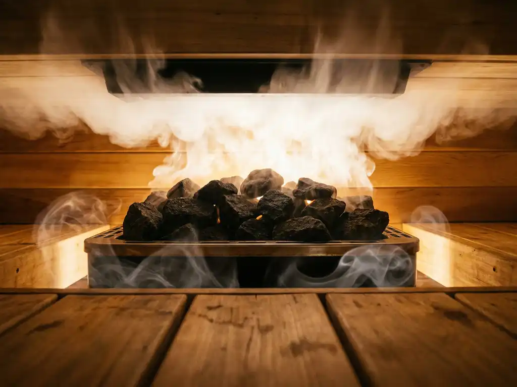 Dense white löyly steam rising from dark volcanic sauna stones, golden backlit mist curling through warm cedar-paneled walls, low-angle view.