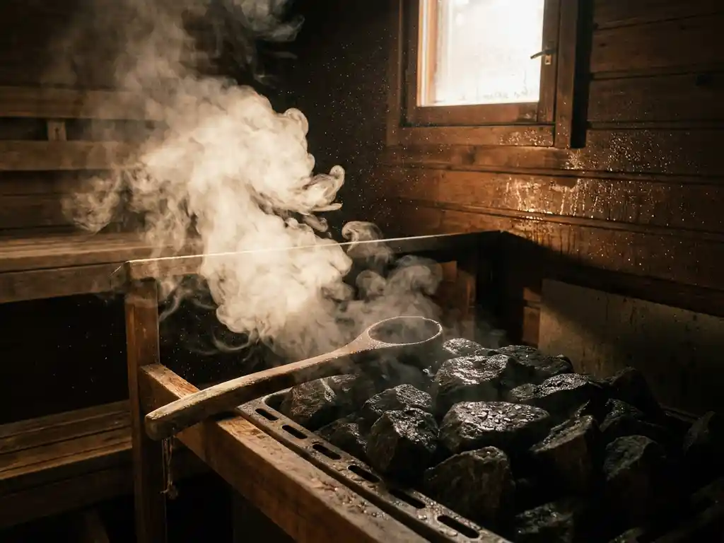 Steam rising from a traditional sauna stove with a wooden ladle resting on hot birch stones, golden light illuminating condensation on cedar walls.