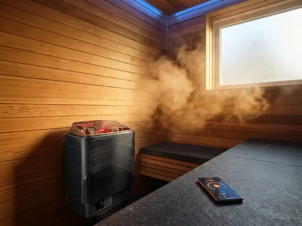 Electric sauna heater on cedar wall with smartphone showing smart control app, amber steam rising in warm ambient light.
