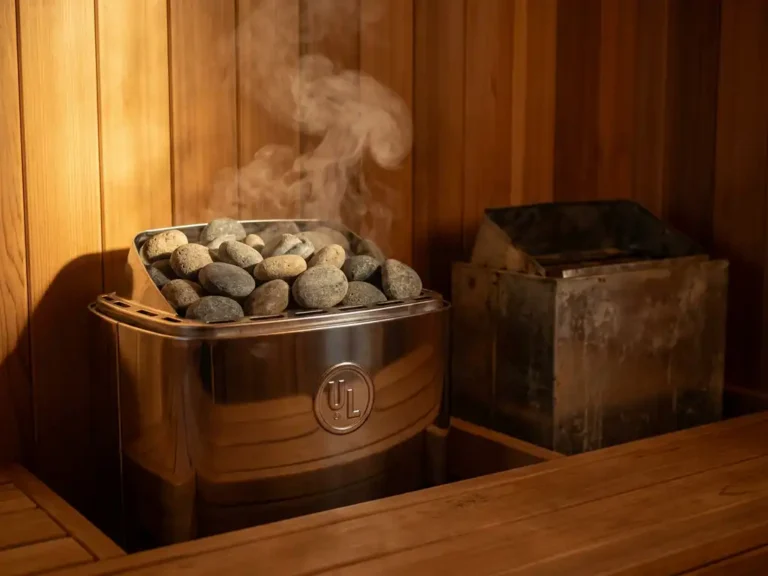 UL-certified electric sauna heater on river stones beside uncertified heater, surrounded by warm cedar panels with soft steam rising.