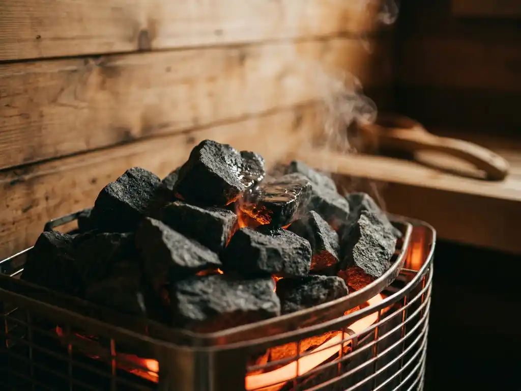 Dark volcanic sauna stones glowing in an electric heater with steam rising, rustic wooden sauna interior softly blurred in background.
