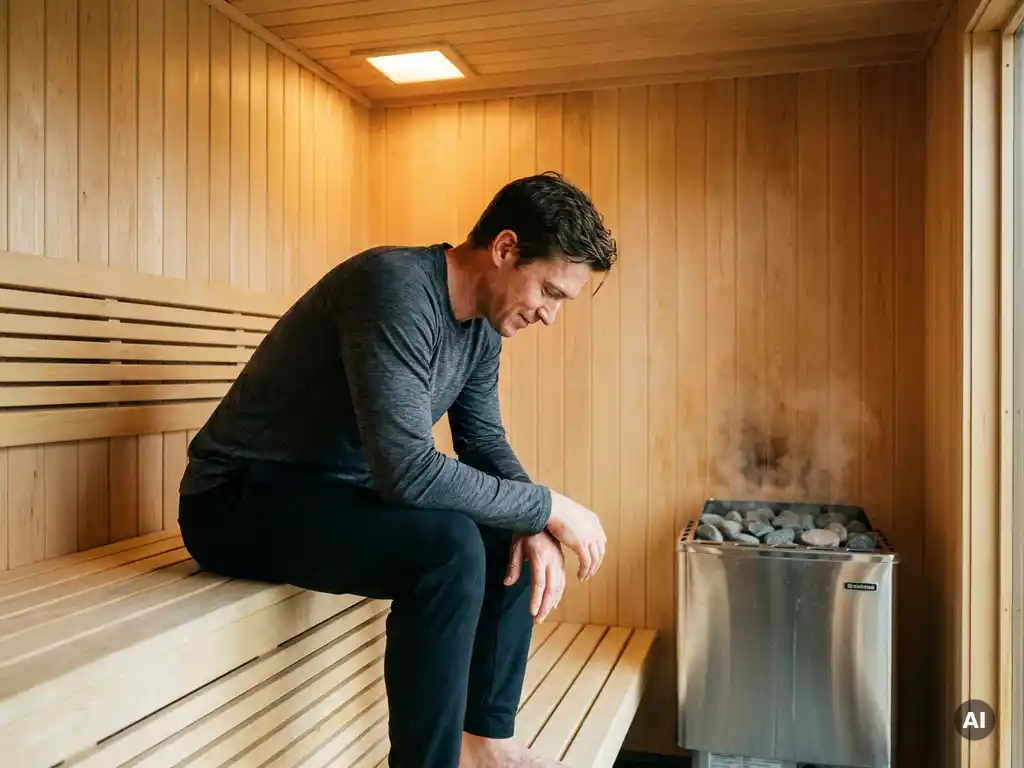Athlete in moisture-wicking shirt resting in a Nordic birch wood sauna with steam rising from an electric heater.