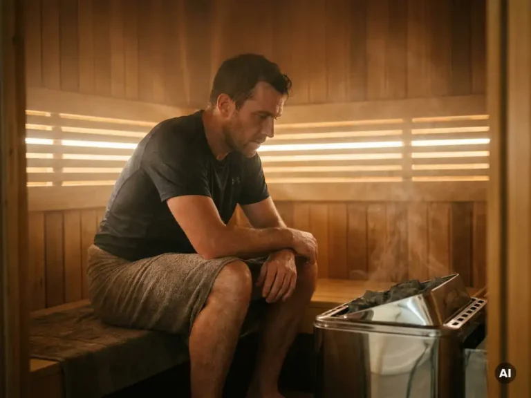 Athlete in a towel wrap resting in a cedar sauna cabin, steam rising from an electric heater in warm amber light.