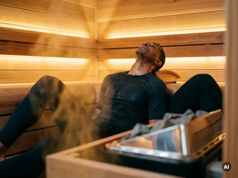 Athlete in compression gear sweating inside an amber-lit cedar sauna with a sleek electric heater and golden steam rising.